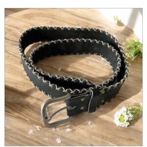VTG ROOTS Genuine leather belt -brown leather -contrast cream stitch Sz S -EUC